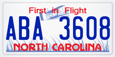 NC license plate ABA3608