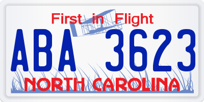 NC license plate ABA3623