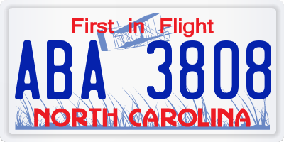 NC license plate ABA3808