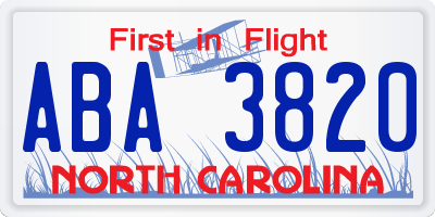 NC license plate ABA3820
