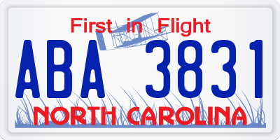 NC license plate ABA3831