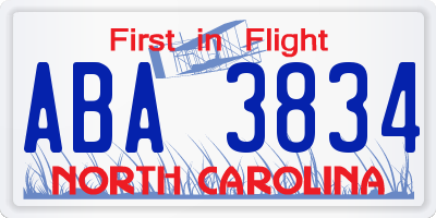 NC license plate ABA3834