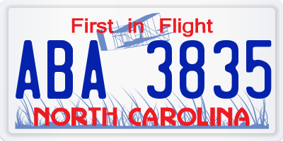 NC license plate ABA3835