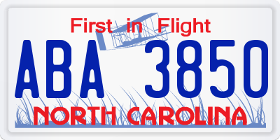 NC license plate ABA3850