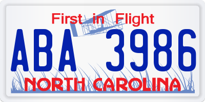 NC license plate ABA3986