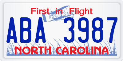 NC license plate ABA3987