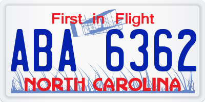 NC license plate ABA6362