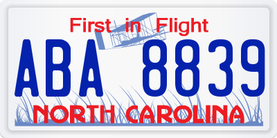NC license plate ABA8839