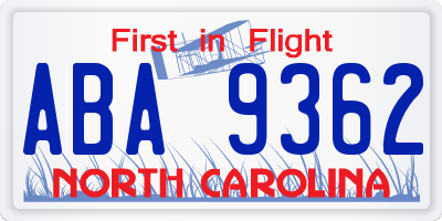 NC license plate ABA9362