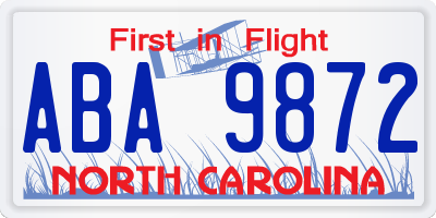 NC license plate ABA9872