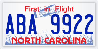 NC license plate ABA9922