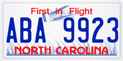NC license plate ABA9923