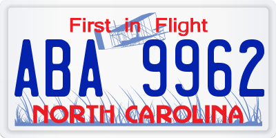 NC license plate ABA9962