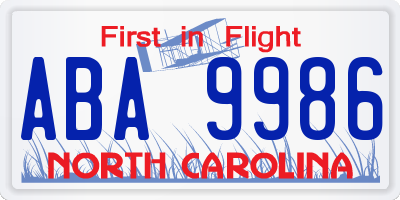 NC license plate ABA9986