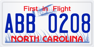NC license plate ABB0208