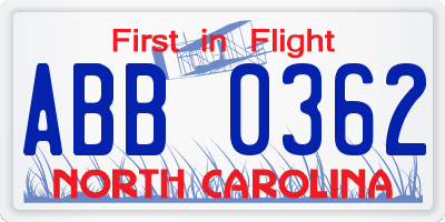 NC license plate ABB0362
