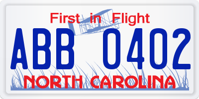 NC license plate ABB0402