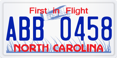 NC license plate ABB0458