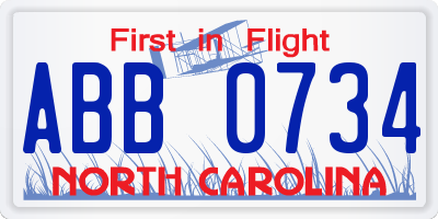 NC license plate ABB0734