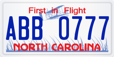 NC license plate ABB0777