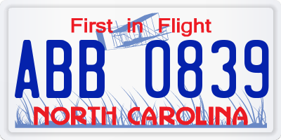 NC license plate ABB0839