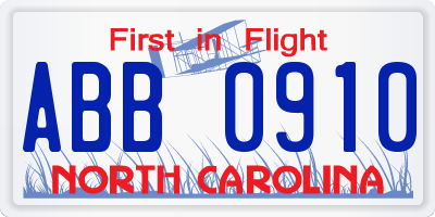 NC license plate ABB0910