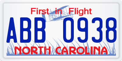 NC license plate ABB0938
