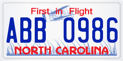 NC license plate ABB0986