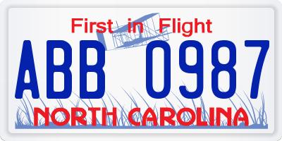 NC license plate ABB0987