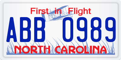 NC license plate ABB0989