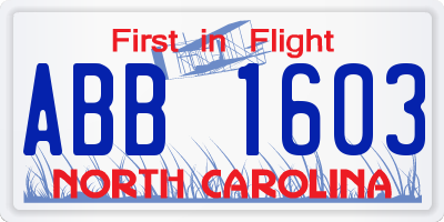 NC license plate ABB1603
