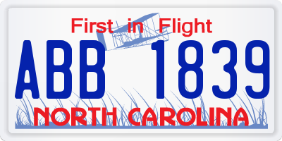 NC license plate ABB1839