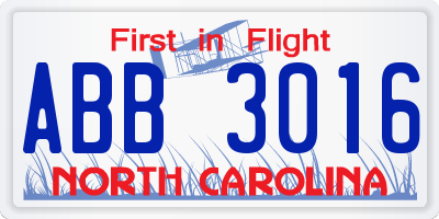 NC license plate ABB3016