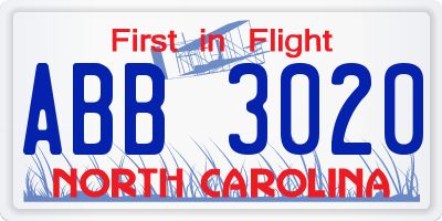 NC license plate ABB3020