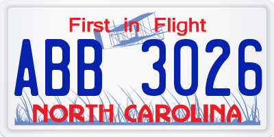 NC license plate ABB3026