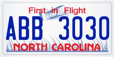 NC license plate ABB3030