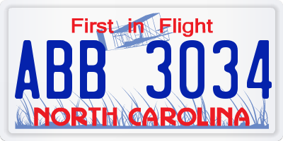 NC license plate ABB3034