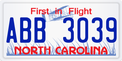 NC license plate ABB3039