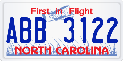 NC license plate ABB3122