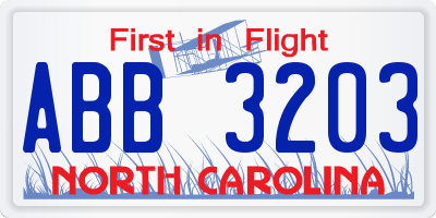 NC license plate ABB3203