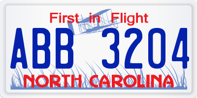 NC license plate ABB3204