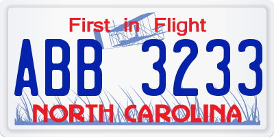 NC license plate ABB3233