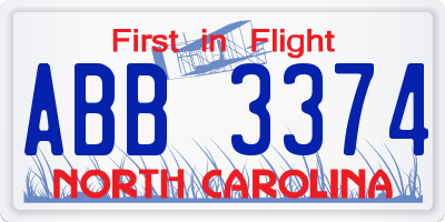 NC license plate ABB3374