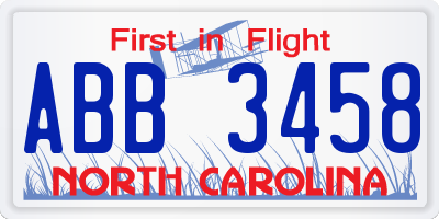 NC license plate ABB3458