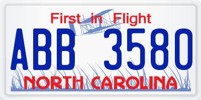 NC license plate ABB3580