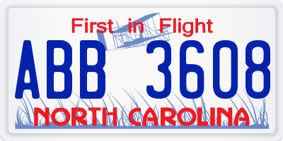 NC license plate ABB3608