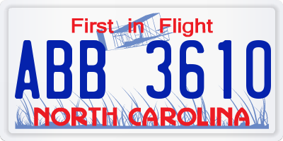 NC license plate ABB3610