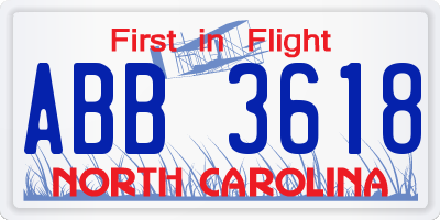 NC license plate ABB3618