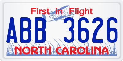 NC license plate ABB3626