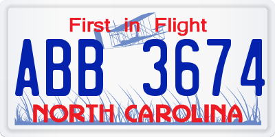 NC license plate ABB3674